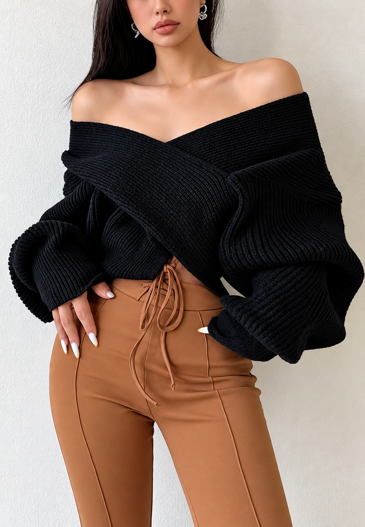 Damen-Rippstrickpullover mit Wickel-V-Ausschnitt und freien Schultern - Mirelda
