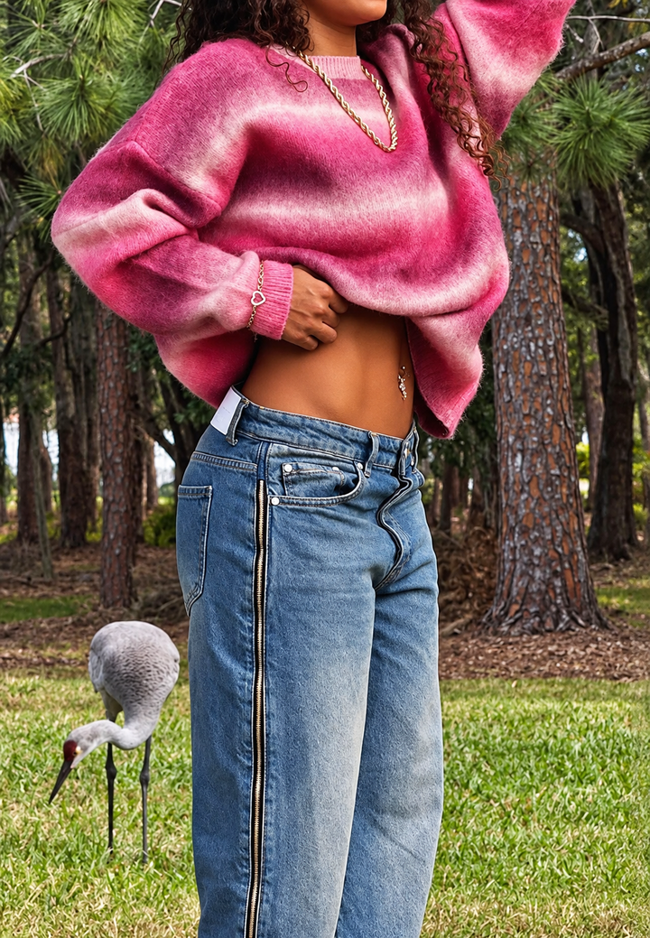 Damen-Strickpullover mit Farbverlauf, verschwommenen Streifen und Rundhalsausschnitt - Rakel