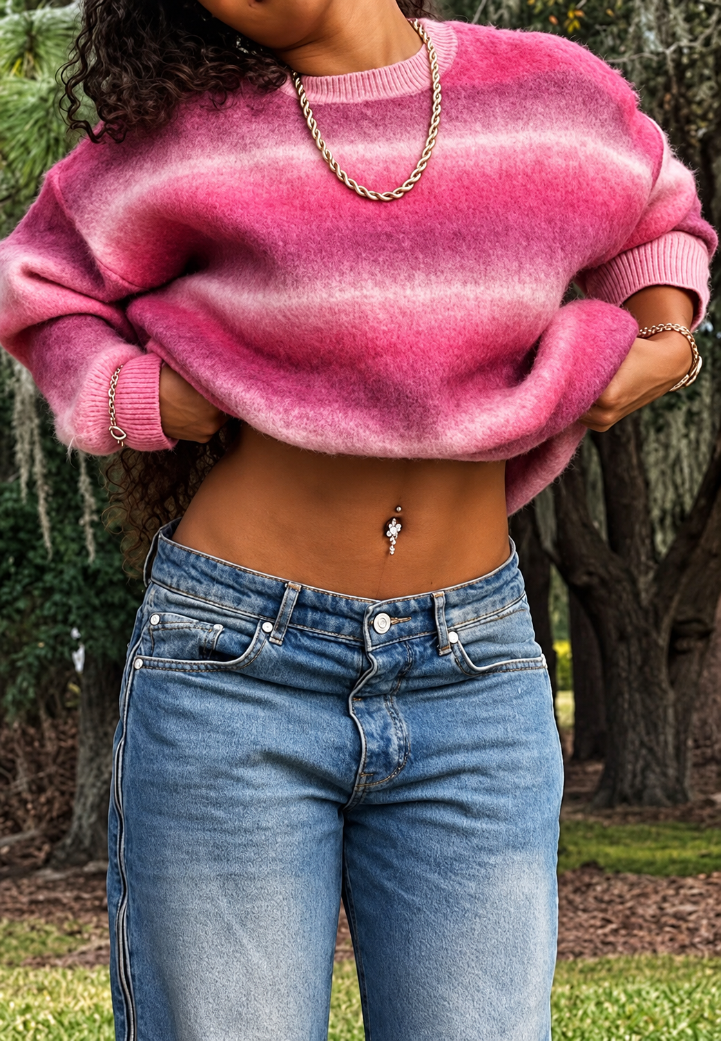 Damen-Strickpullover mit Farbverlauf, verschwommenen Streifen und Rundhalsausschnitt - Rakel
