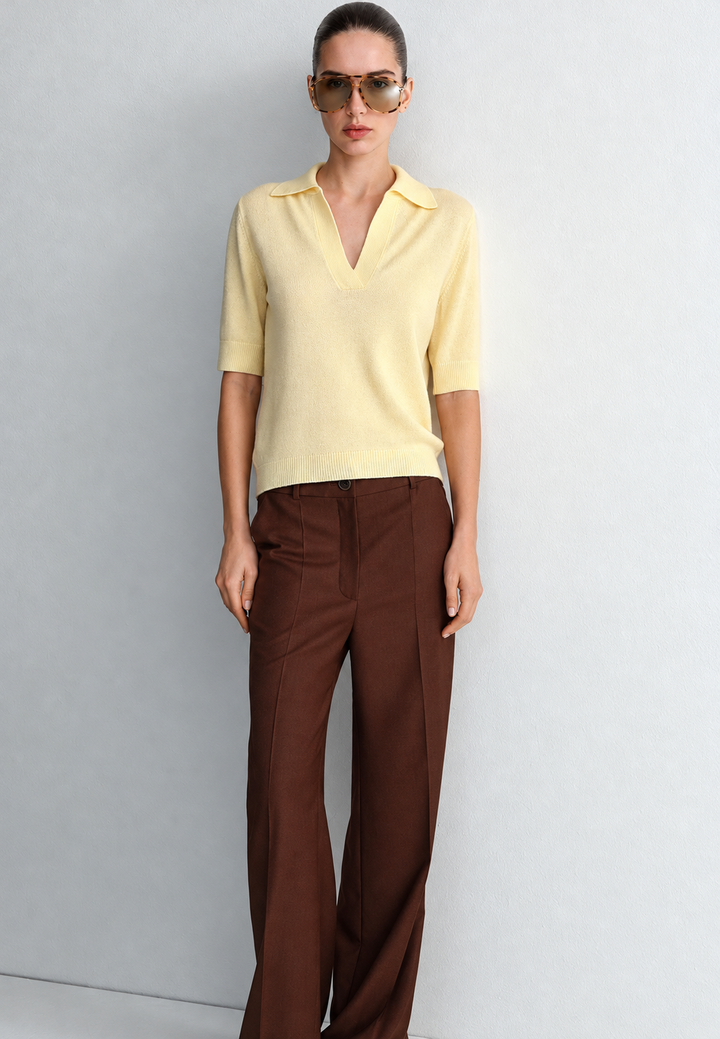 Kurzärmeliger Damen-Feinstrickpullover mit Polokragen und V-Ausschnitt - Lidia