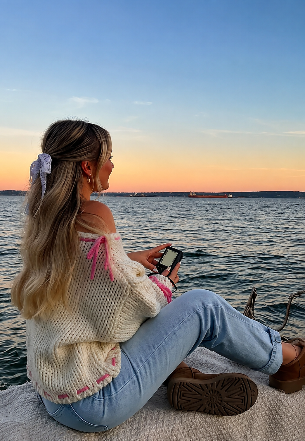 Dickstrick-Pullover für Damen mit U-Boot-Ausschnitt und Schleifen – Léonie