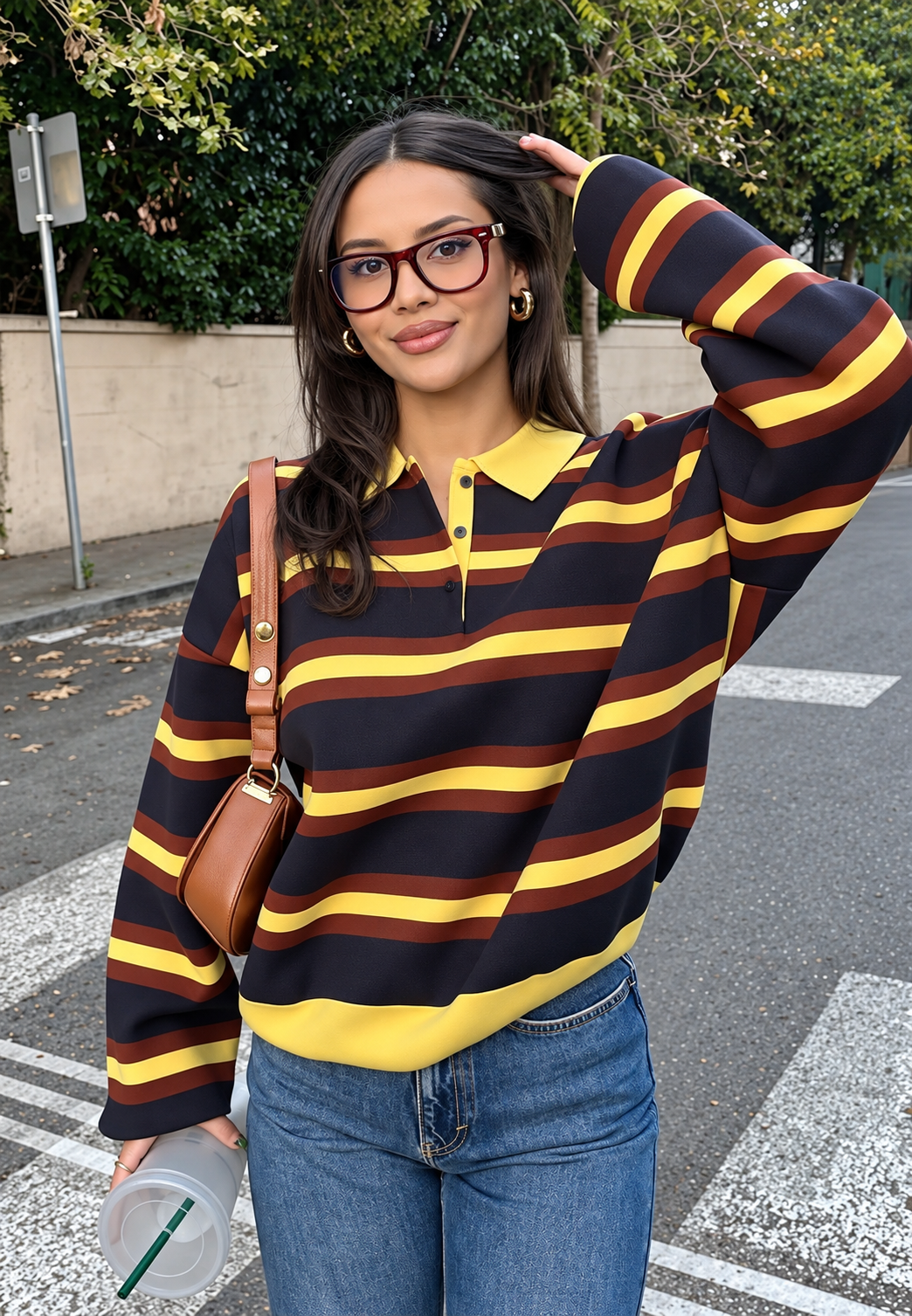 Locker geschnittener Damenpullover mit horizontalen Streifen und Polokragen - Naima