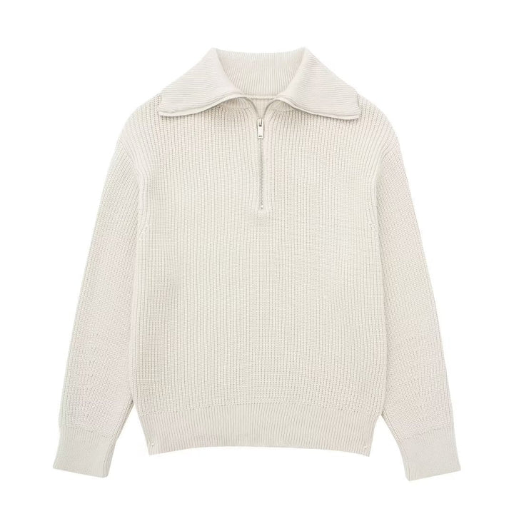 Damenpullover mit Streifen, halbem Reißverschluss und Stehkragen – Holly