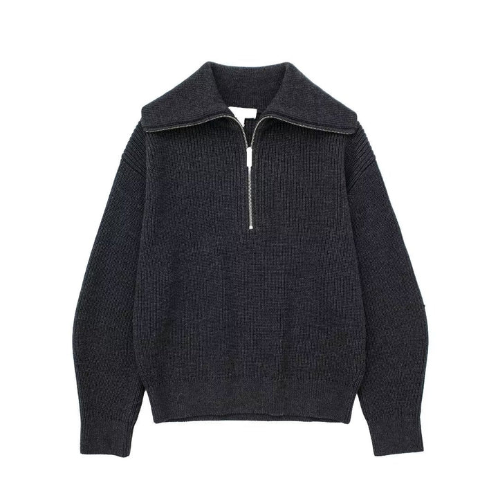 Damenpullover mit Streifen, halbem Reißverschluss und Stehkragen – Holly