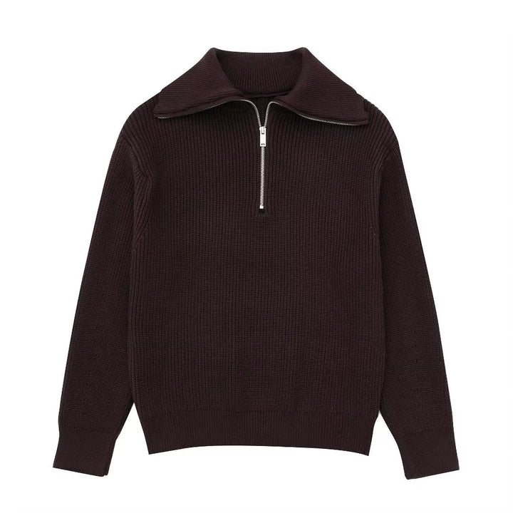 Damenpullover mit Streifen, halbem Reißverschluss und Stehkragen – Holly