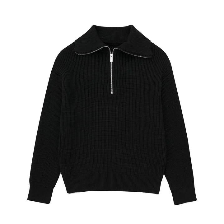 Damenpullover mit Streifen, halbem Reißverschluss und Stehkragen – Holly