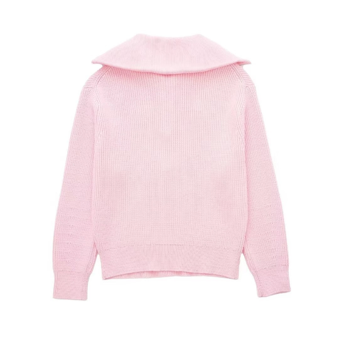 Damenpullover mit Streifen, halbem Reißverschluss und Stehkragen – Holly
