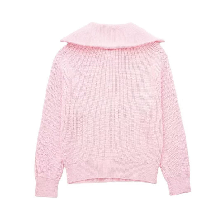 Damenpullover mit Streifen, halbem Reißverschluss und Stehkragen – Holly