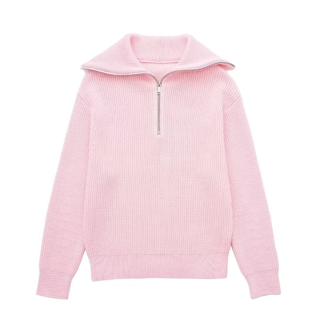 Damenpullover mit Streifen, halbem Reißverschluss und Stehkragen – Holly