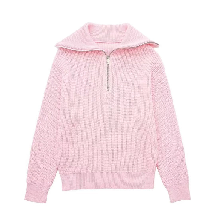 Damenpullover mit Streifen, halbem Reißverschluss und Stehkragen – Holly