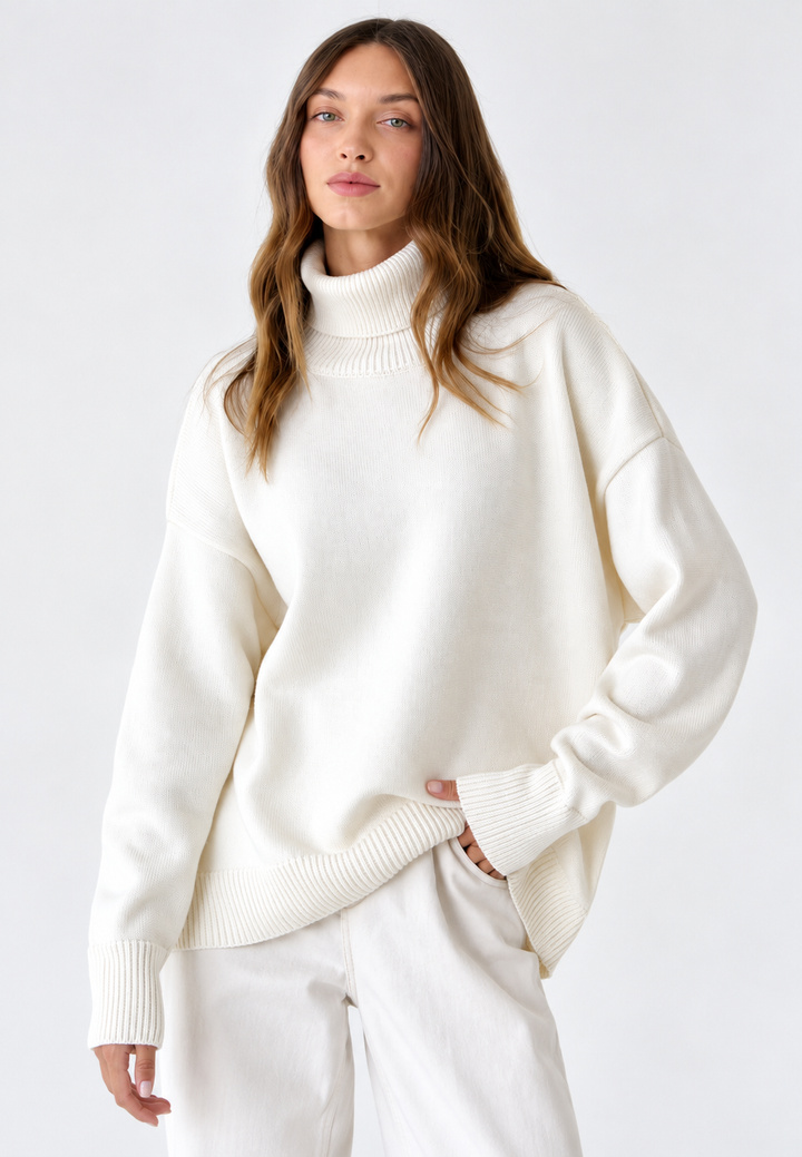 Damen-Oversize-Rollkragenpullover aus glattem Strick mit überschnittenen Schultern - Eirwen