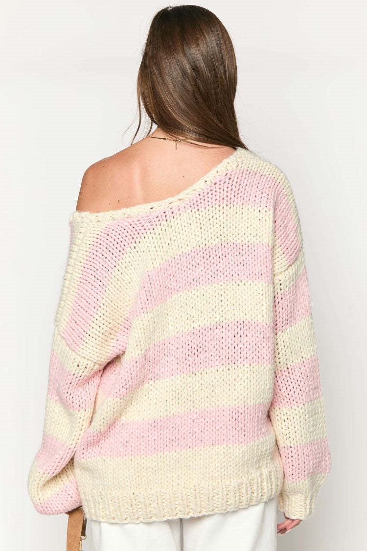 Oversize-Pullover für Damen mit Streifen und freien Schultern – Frida
