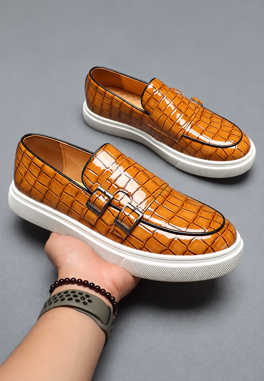 Herren Loafer in Krokodil-Optik mit doppelter Schnalle und weißer Sohle - Torben