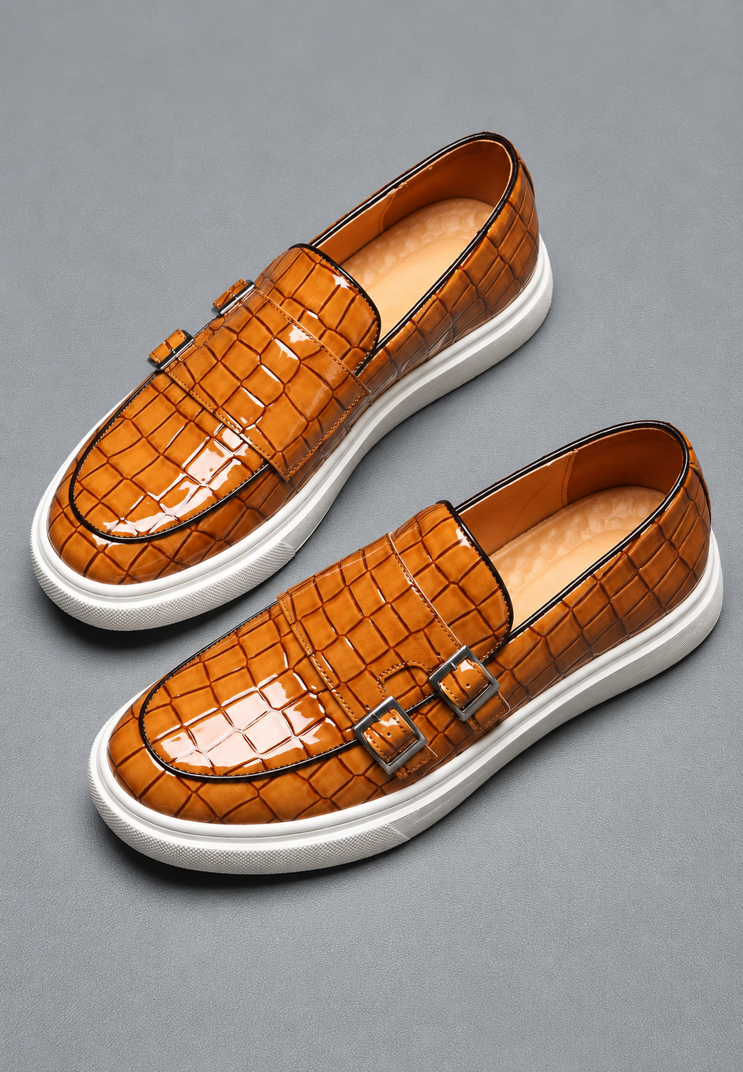 Herren Loafer in Krokodil-Optik mit doppelter Schnalle und weißer Sohle - Torben