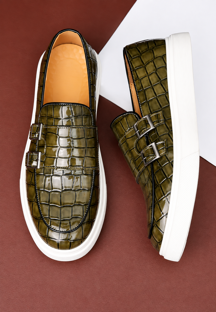 Herren Loafer in Krokodil-Optik mit doppelter Schnalle und weißer Sohle - Torben