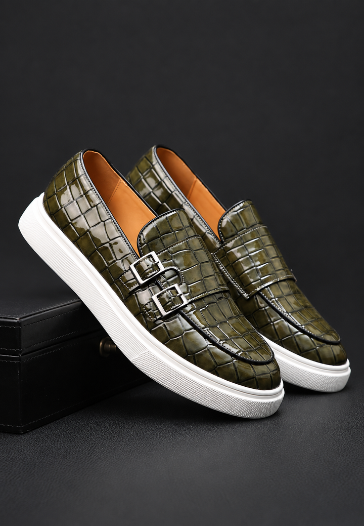Herren Loafer in Krokodil-Optik mit doppelter Schnalle und weißer Sohle - Torben