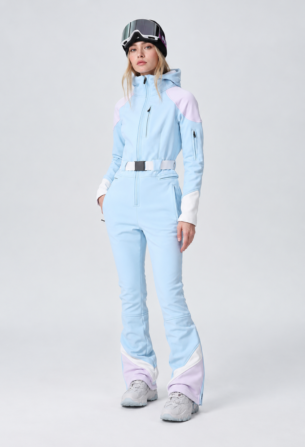 Damen Skioverall einteilig mit Kapuze, verstellbarem Gürtel und Reißverschlusstaschen - Alessa