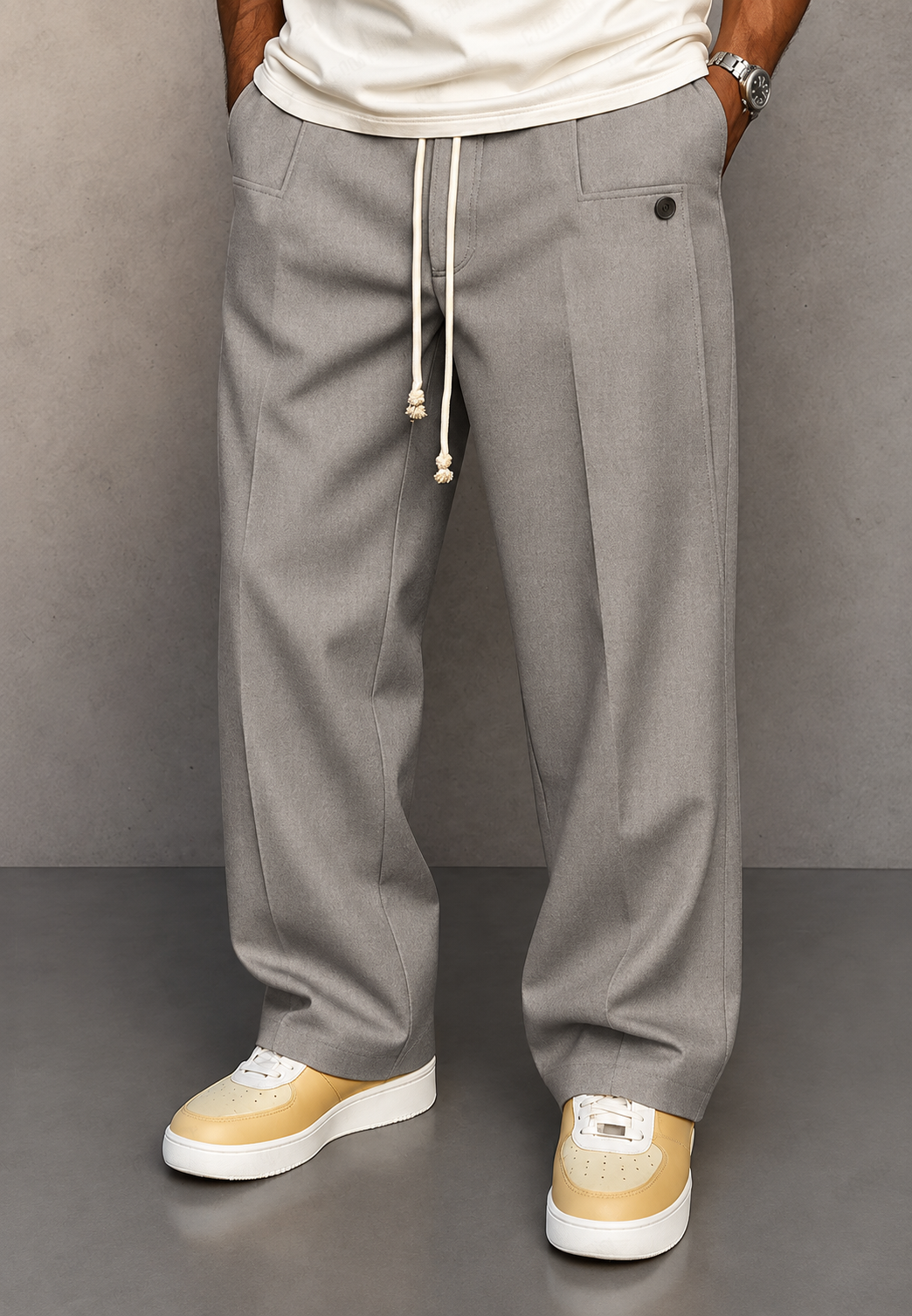 Herren-Wide-Leg-Hose mit Bundfalten und verstellbarem Bund - Tavon