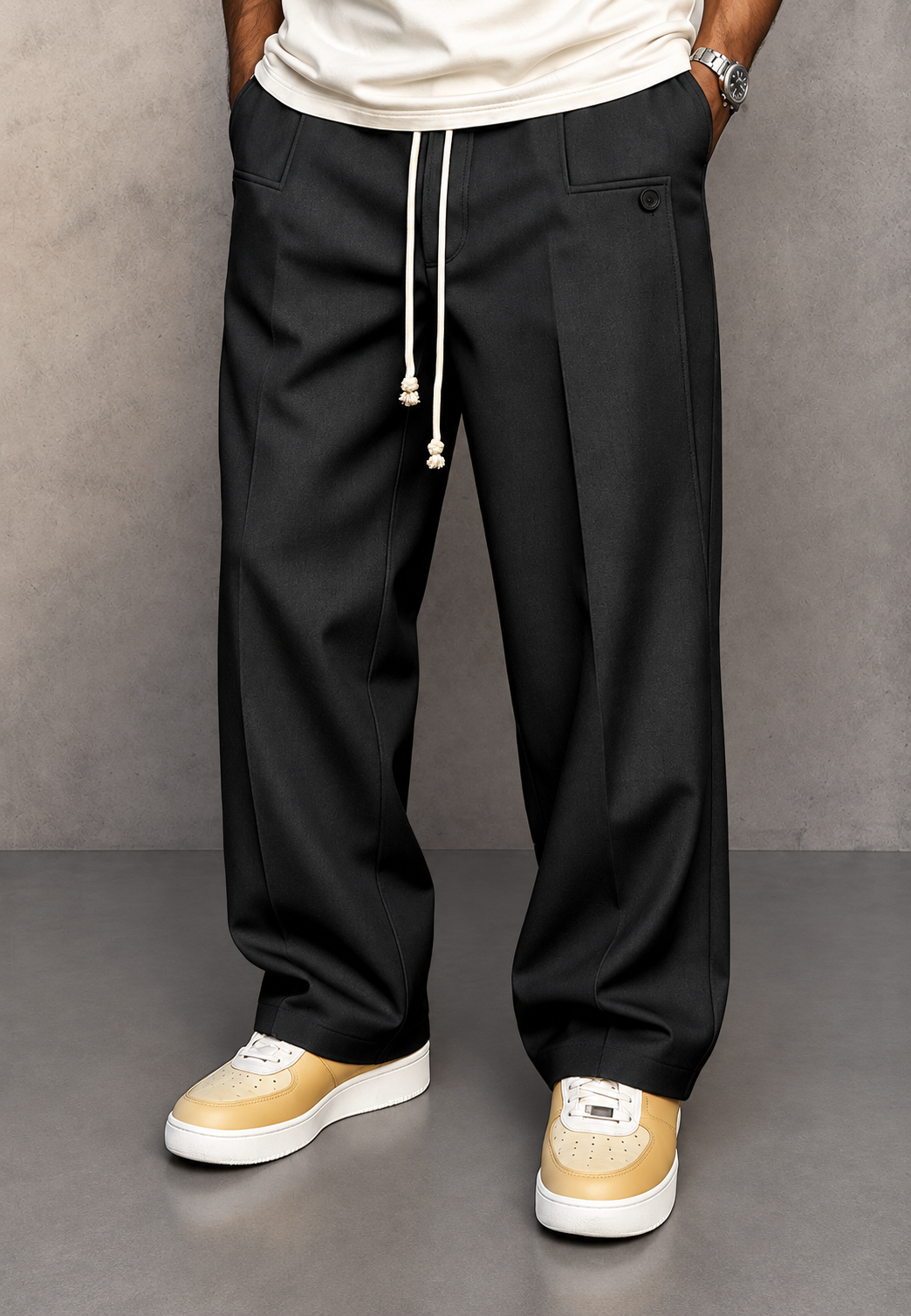 Herren-Wide-Leg-Hose mit Bundfalten und verstellbarem Bund - Tavon