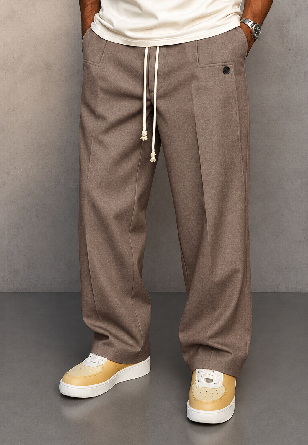 Herren-Wide-Leg-Hose mit Bundfalten und verstellbarem Bund - Tavon