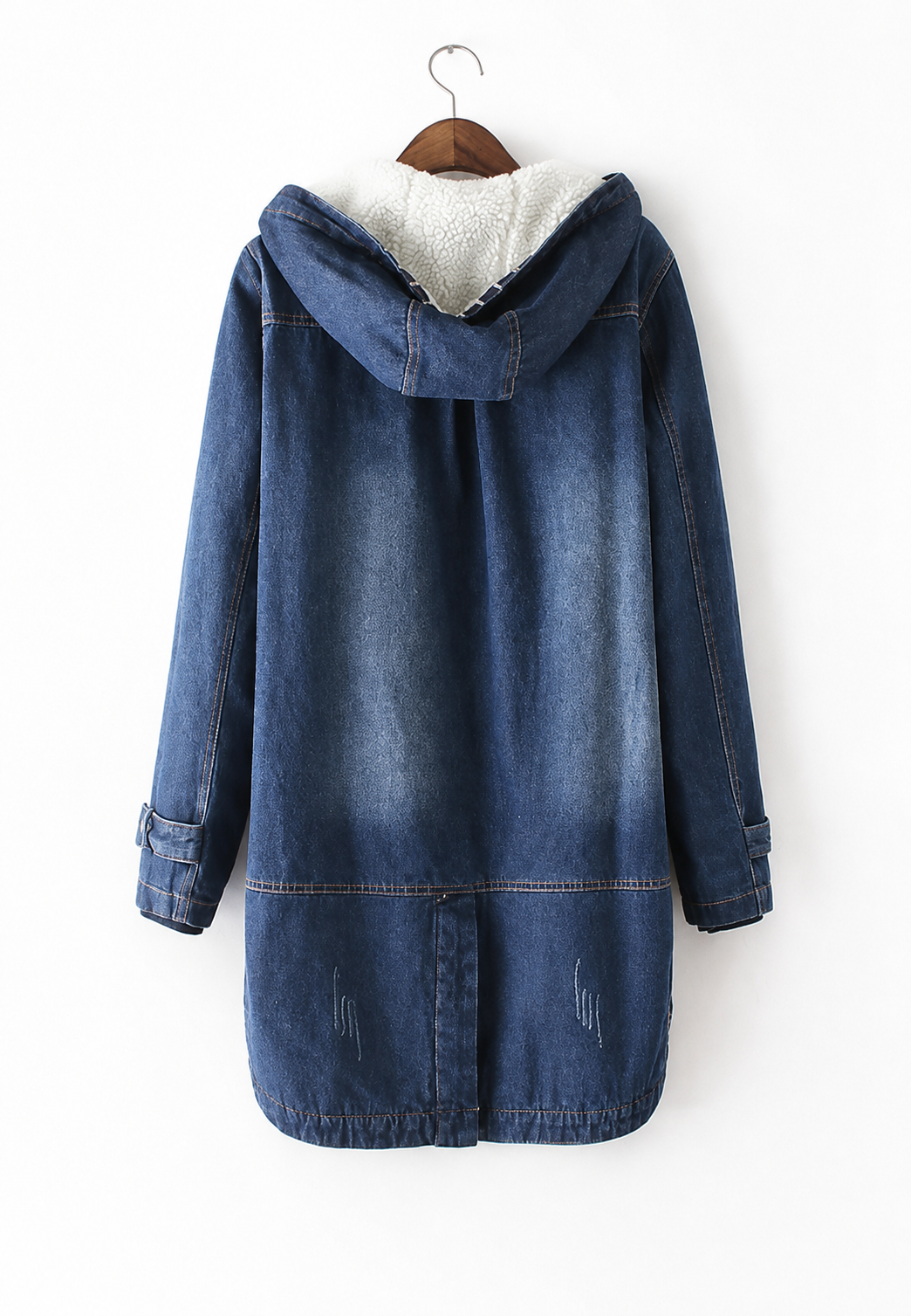 Langer Denim-Parka mit Kapuze und Futter in Lammfelloptik – Freja