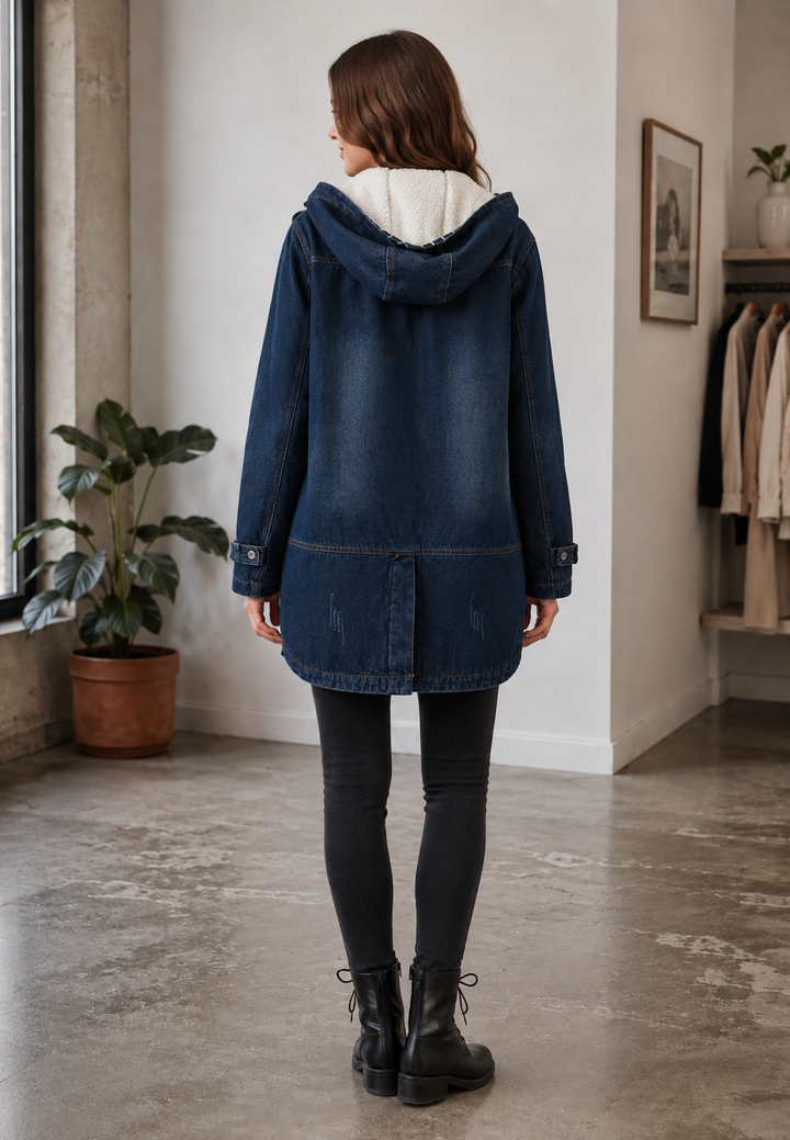 Langer Denim-Parka mit Kapuze und Futter in Lammfelloptik – Freja