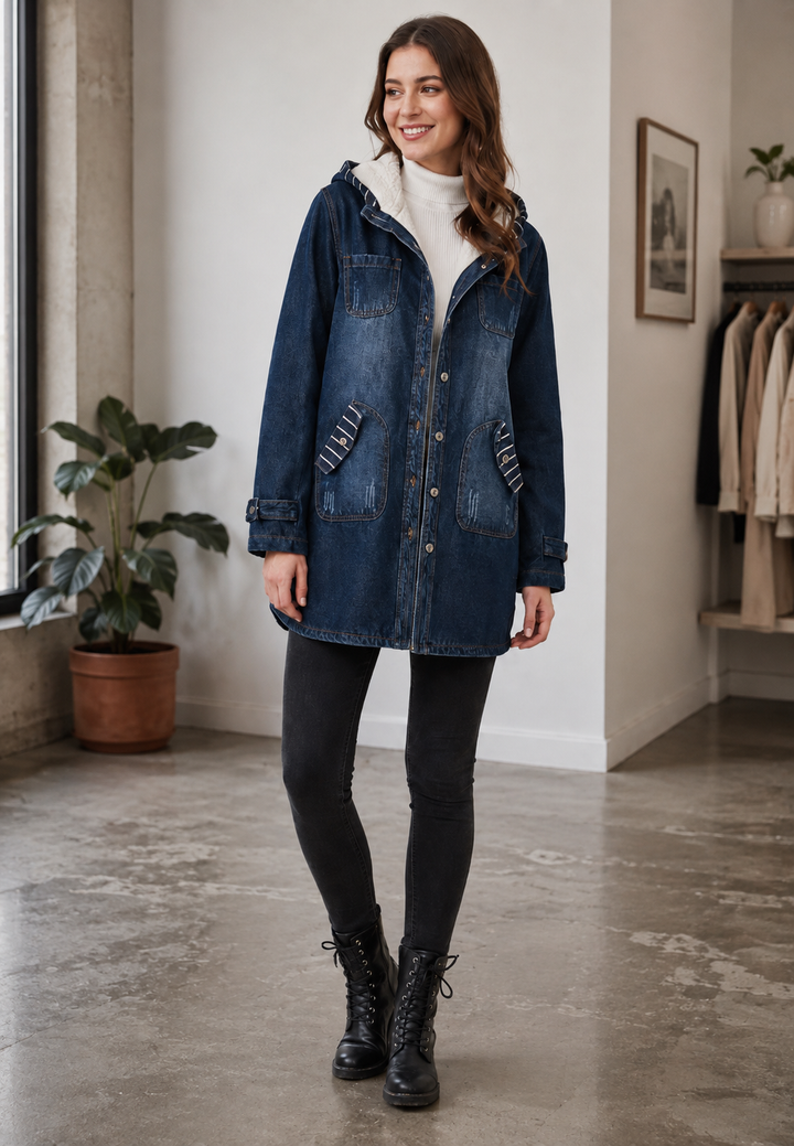 Langer Denim-Parka mit Kapuze und Futter in Lammfelloptik – Freja