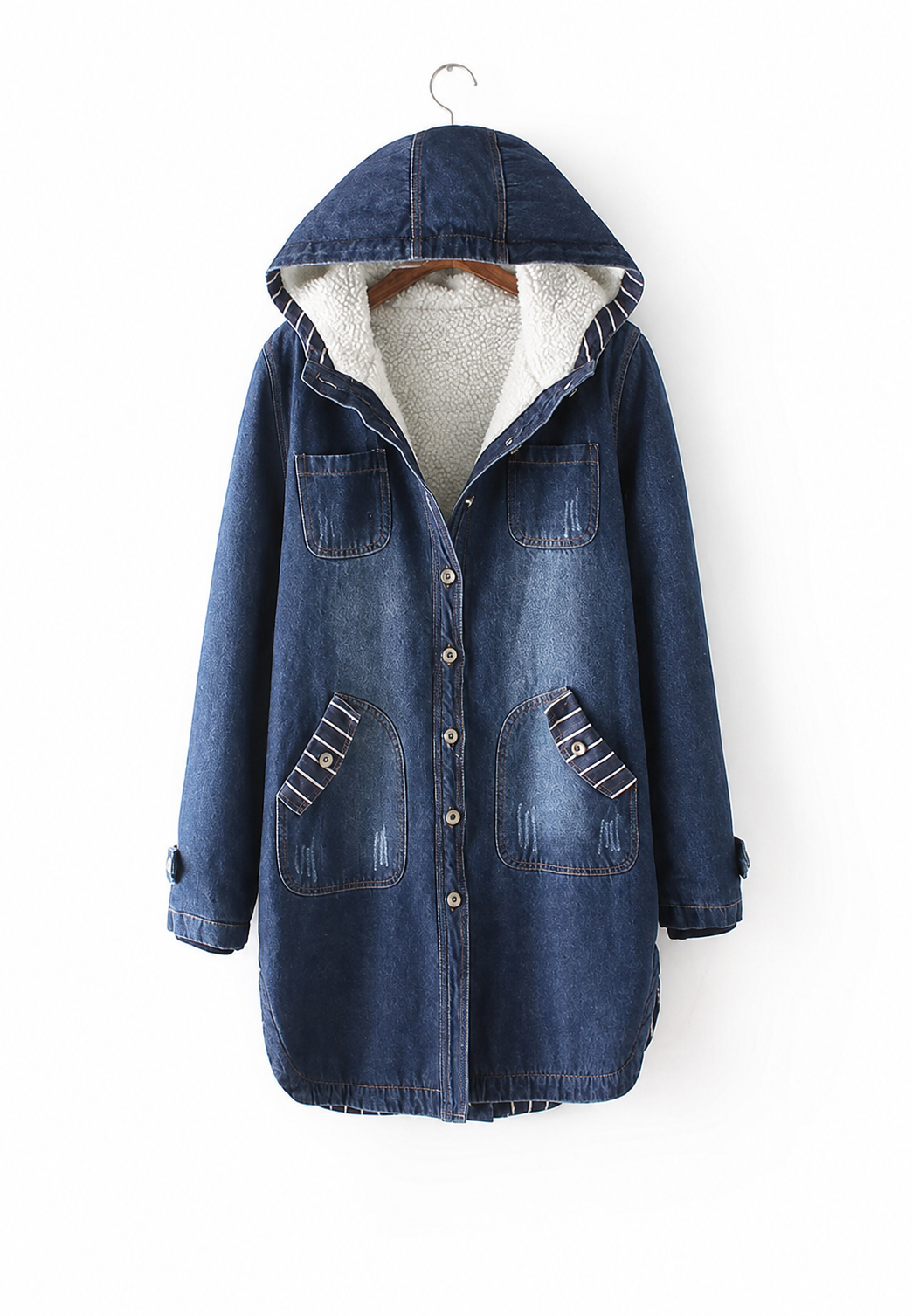 Langer Denim-Parka mit Kapuze und Futter in Lammfelloptik – Freja
