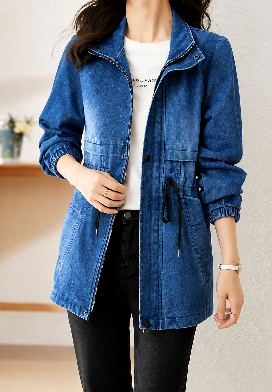 Damen-Jeansparka mit verstellbarer Taille und Vordertaschen – Svea
