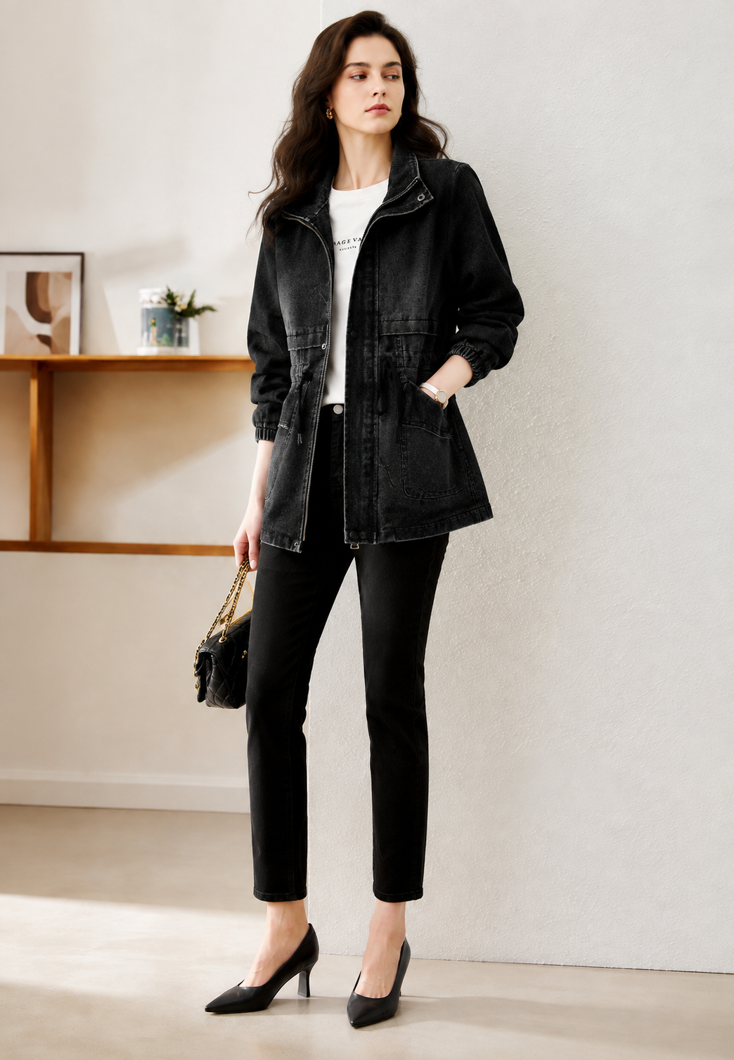 Damen-Jeansparka mit verstellbarer Taille und Vordertaschen – Svea