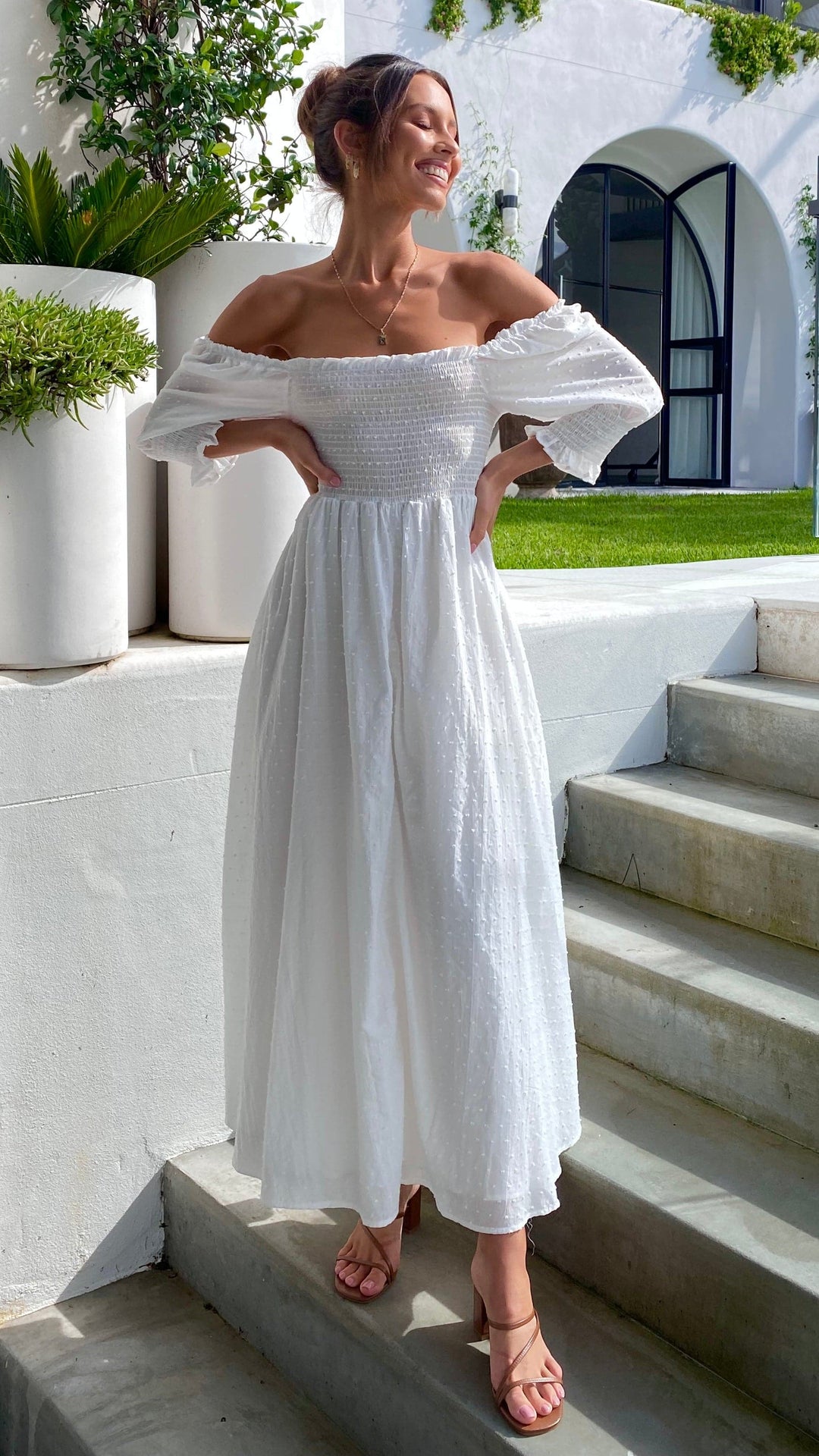 Weißes Midi-Kleid mit freien Schultern für Damen – Renata