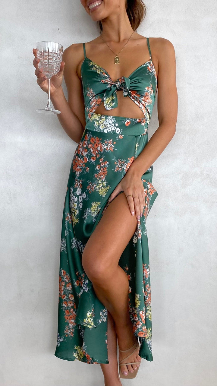 Midi-Kleid mit Blumenmuster und geknotetem Ausschnitt für Damen – Loisa