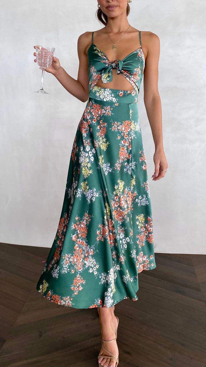 Midi-Kleid mit Blumenmuster und geknotetem Ausschnitt für Damen – Loisa