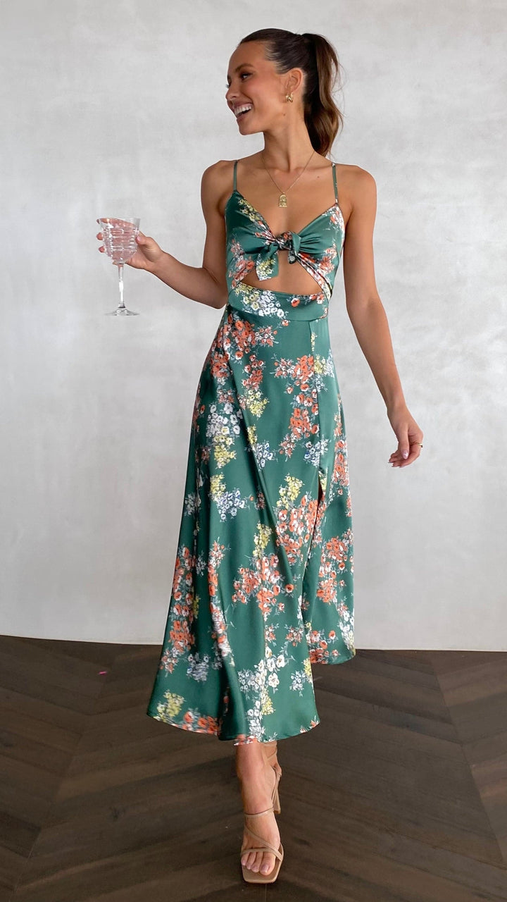 Midi-Kleid mit Blumenmuster und geknotetem Ausschnitt für Damen – Loisa