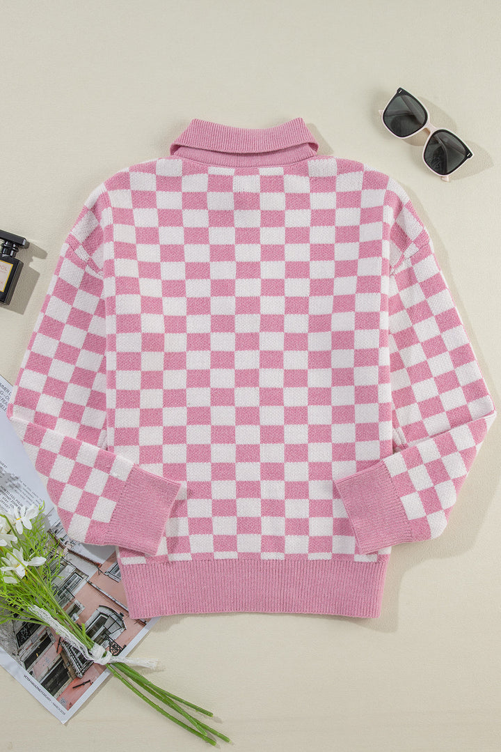Aude - Karierter V-Ausschnitt Pullover mit Knöpfen und hängenden Schultern
