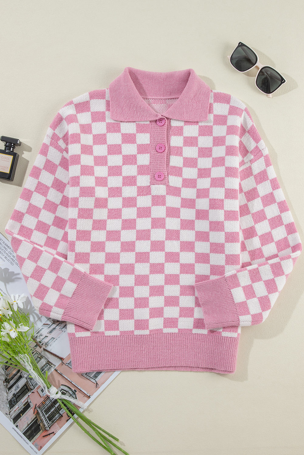 Aude - Karierter V-Ausschnitt Pullover mit Knöpfen und hängenden Schultern