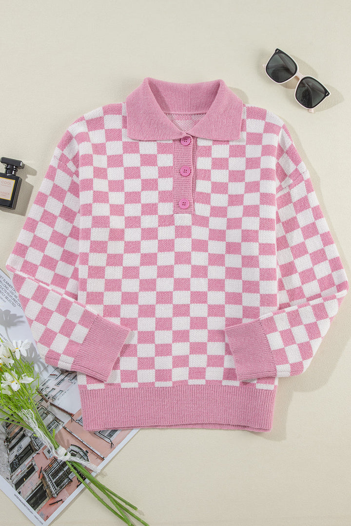 Aude - Karierter V-Ausschnitt Pullover mit Knöpfen und hängenden Schultern