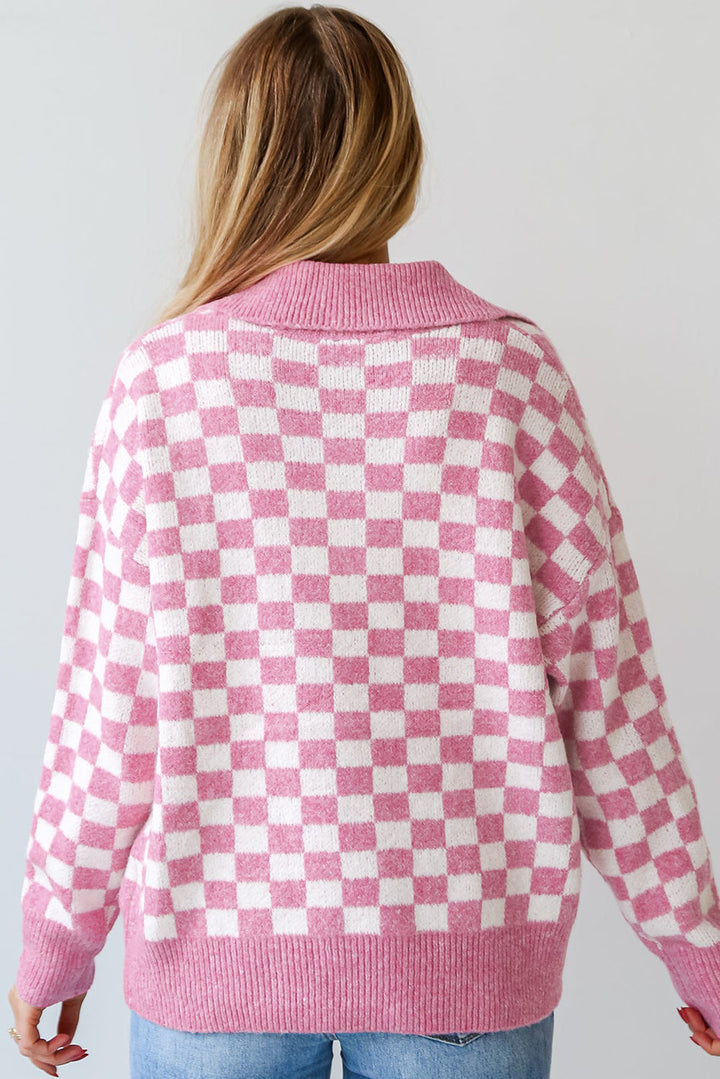 Aude - Karierter V-Ausschnitt Pullover mit Knöpfen und hängenden Schultern