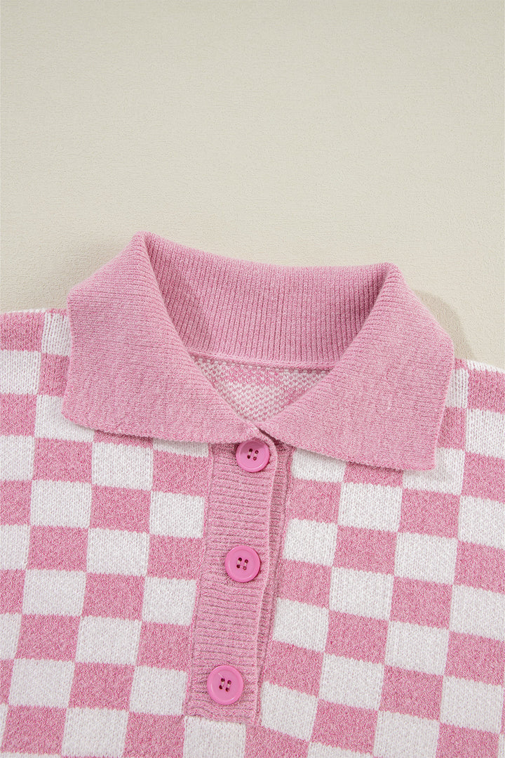 Aude - Karierter V-Ausschnitt Pullover mit Knöpfen und hängenden Schultern