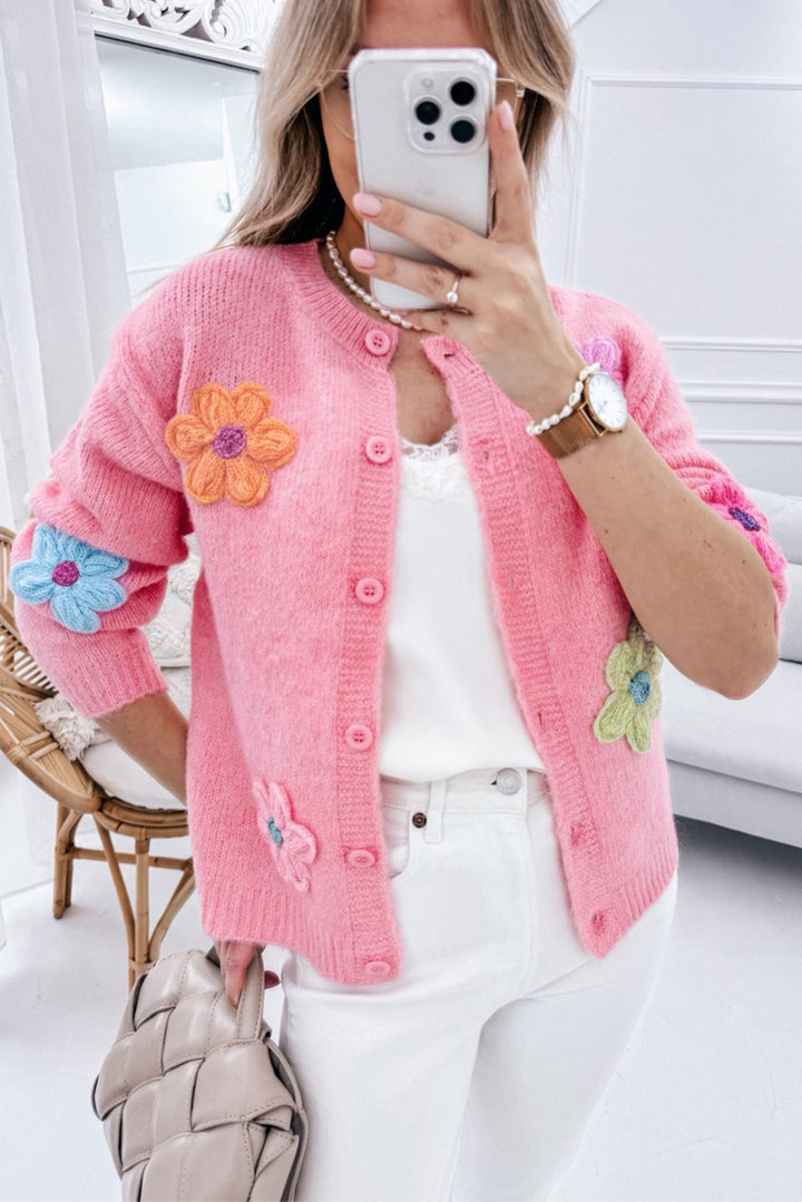 Arielle - Niedliche, gestrickte Strickjacke mit Blumenmuster und Knöpfen