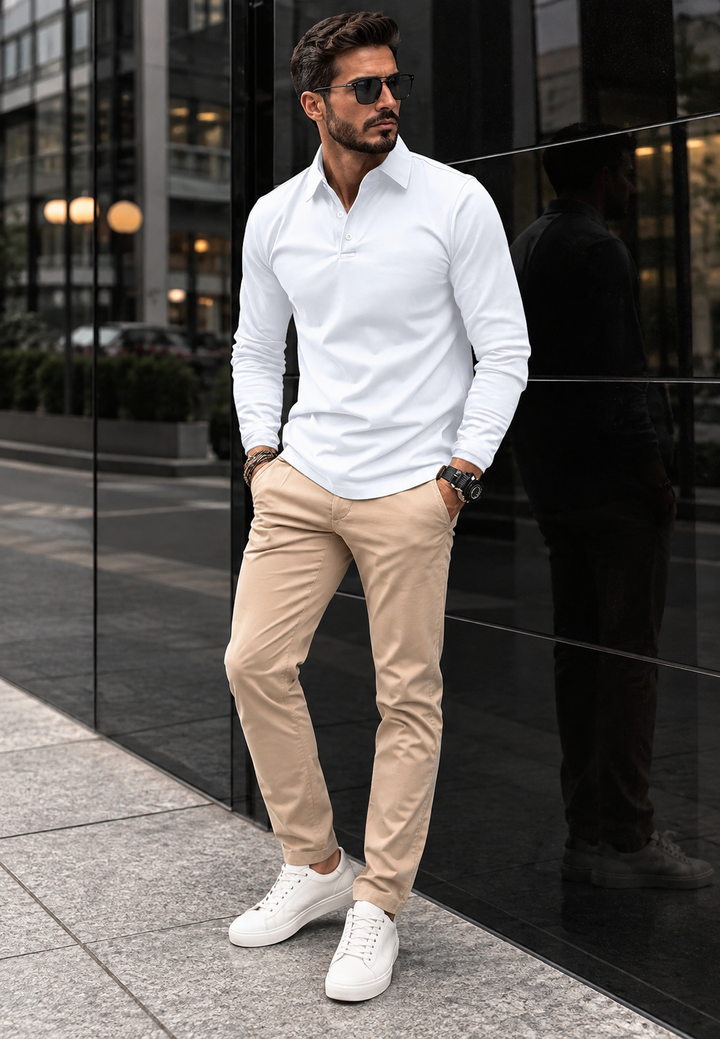 Herren-Poloshirt mit langen Ärmeln, Hemdkragen und Knöpfen – Breno