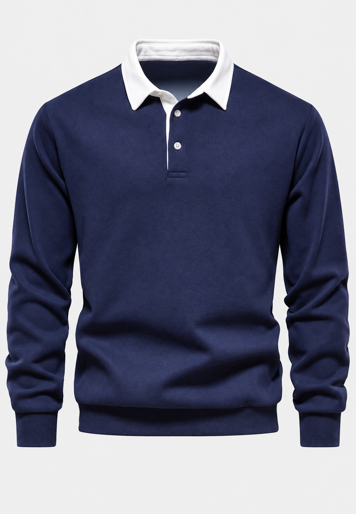 Herren-Poloshirt mit langen Ärmeln, Kontrastkragen und kurzer Knopfleiste – Cassian
