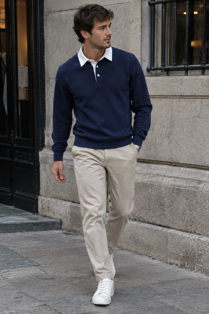 Herren-Poloshirt mit langen Ärmeln, Kontrastkragen und kurzer Knopfleiste – Cassian