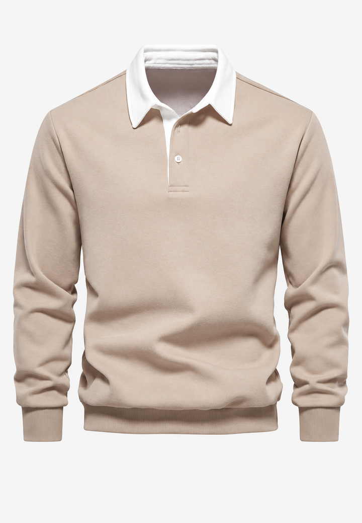 Herren-Poloshirt mit langen Ärmeln, Kontrastkragen und kurzer Knopfleiste – Cassian