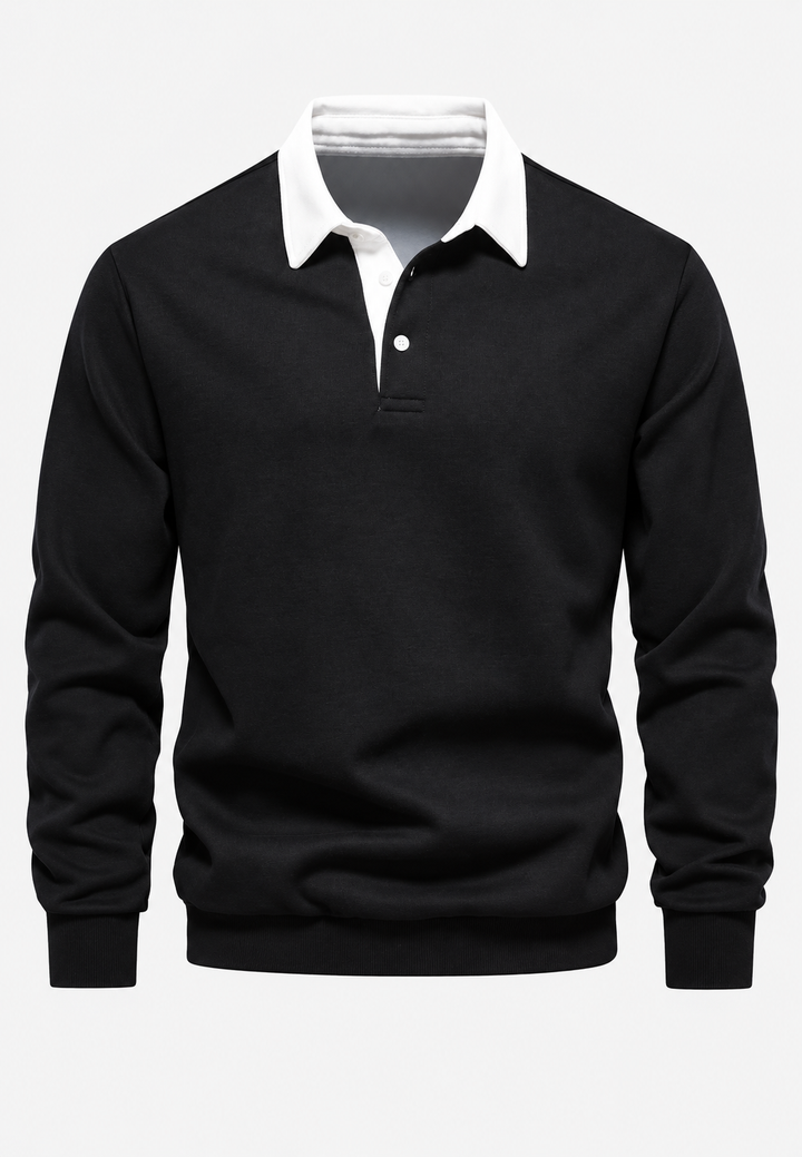 Herren-Poloshirt mit langen Ärmeln, Kontrastkragen und kurzer Knopfleiste – Cassian