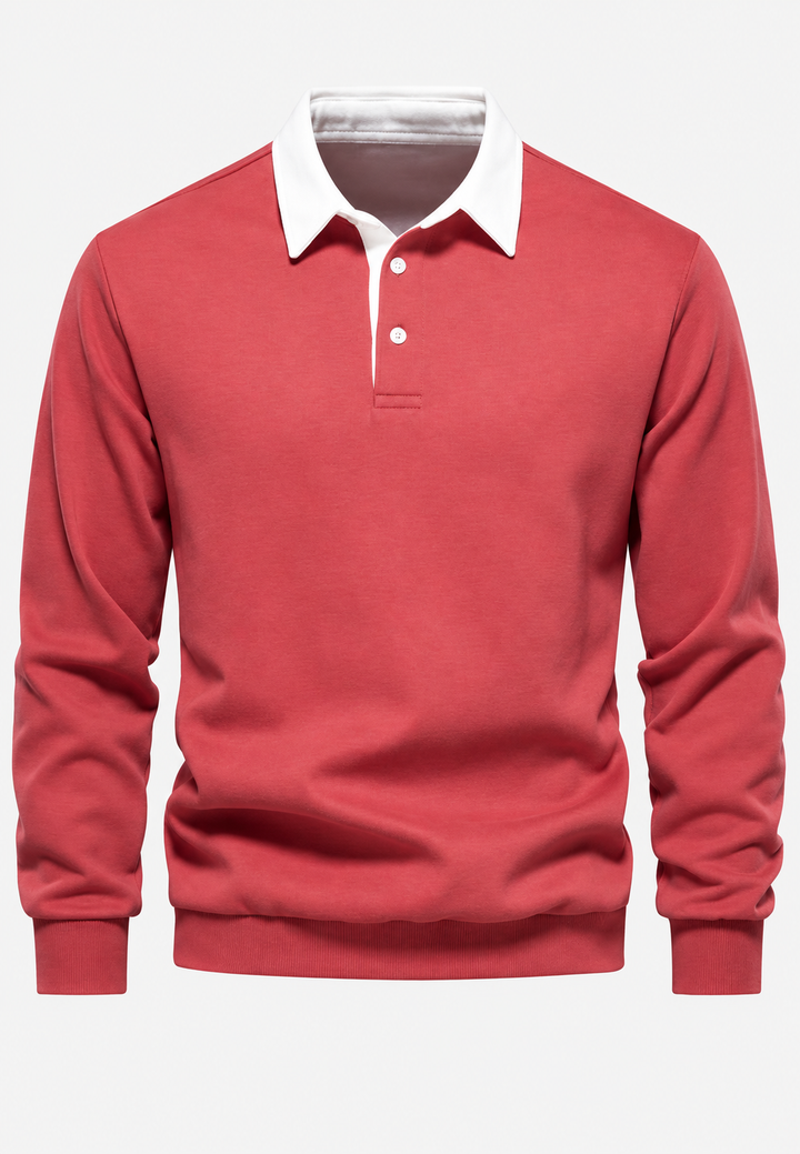 Herren-Poloshirt mit langen Ärmeln, Kontrastkragen und kurzer Knopfleiste – Cassian