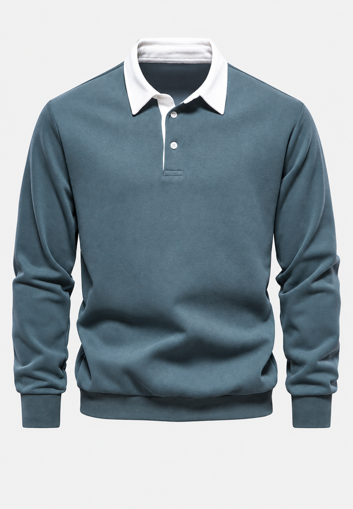 Herren-Poloshirt mit langen Ärmeln, Kontrastkragen und kurzer Knopfleiste – Cassian