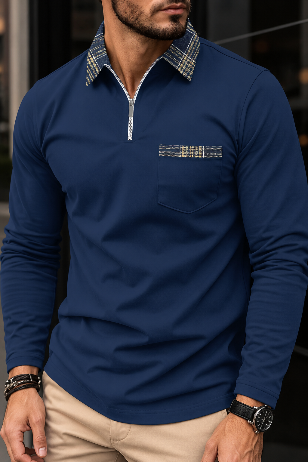 Herren-Polohemd mit langen Ärmeln, halbem Reißverschluss und kariertem Kragen – Sören