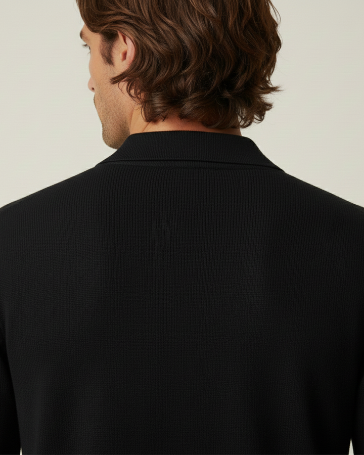 Herren-Polohemd mit langen Ärmeln, glatt gestrickt, mit offenem Kragen – Elian