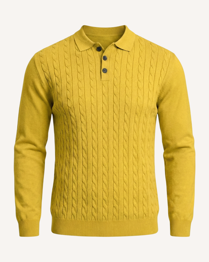 Herren-Polohemd mit langen Ärmeln, Zopfmuster und klassischem Kragen – Teo